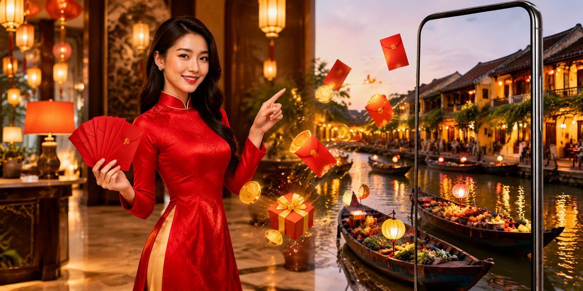 Người dùng Hội An nhận thưởng đỏ trong tà áo dài bên đèn lồng